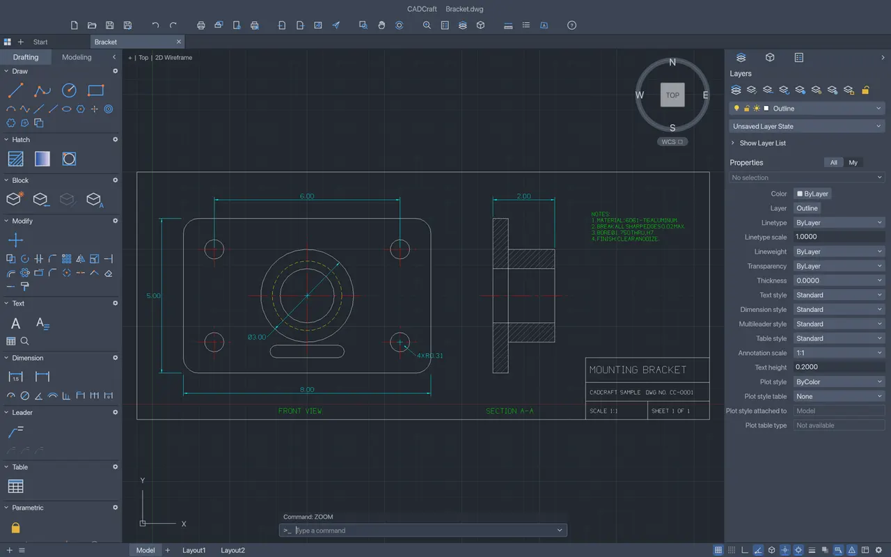 A mechanical part drawing with a section hatch and a title block
