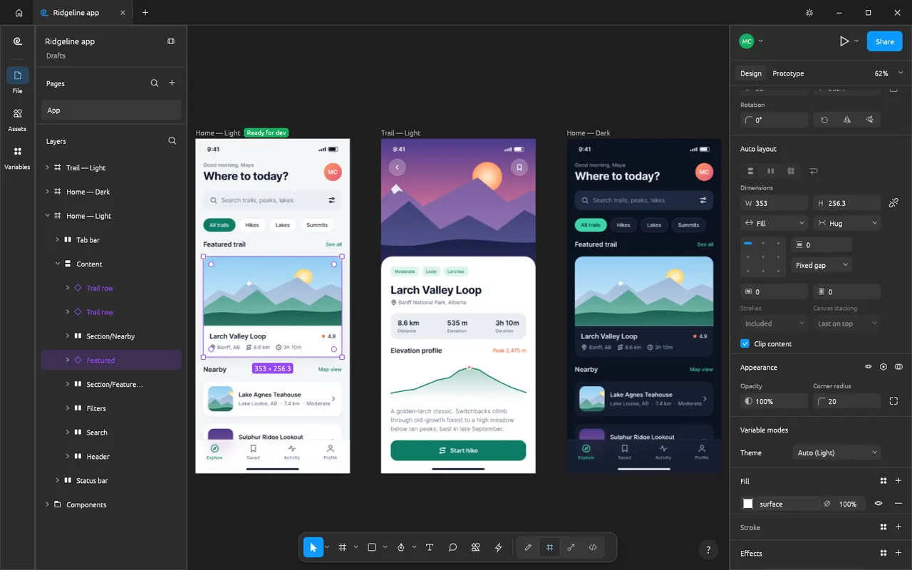Three phone screens built from components with auto layout, in light and dark modes