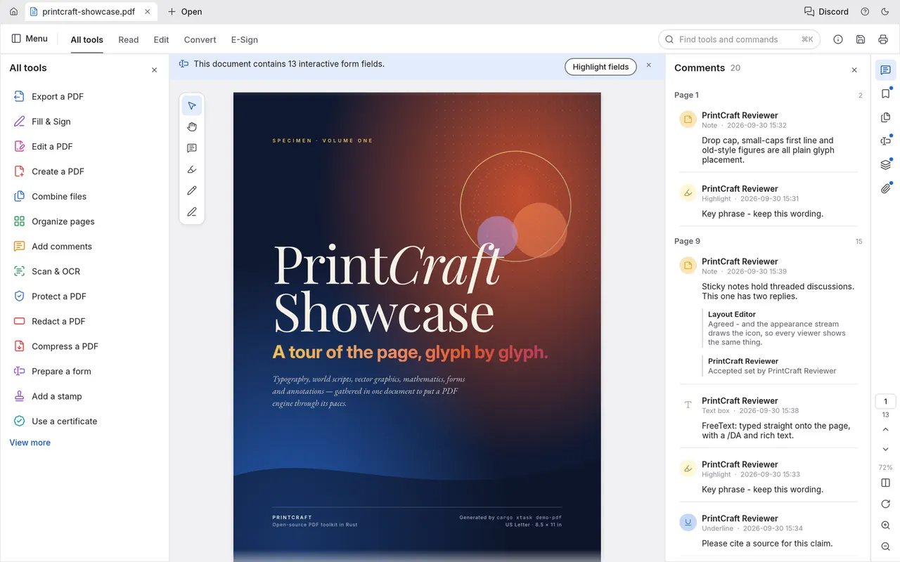 A PDF open with its threaded comments