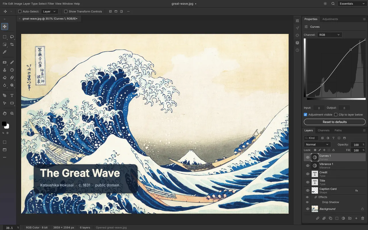 Editing The Great Wave off Kanagawa with type layers and adjustment layers