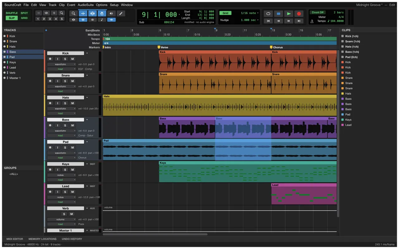 The Edit window with a multitrack session