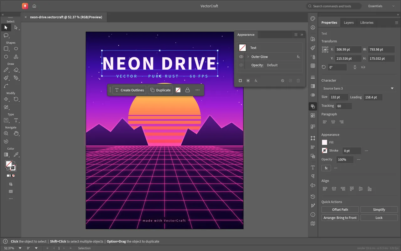 Editing the Neon Drive poster with a live glow effect in the Appearance panel