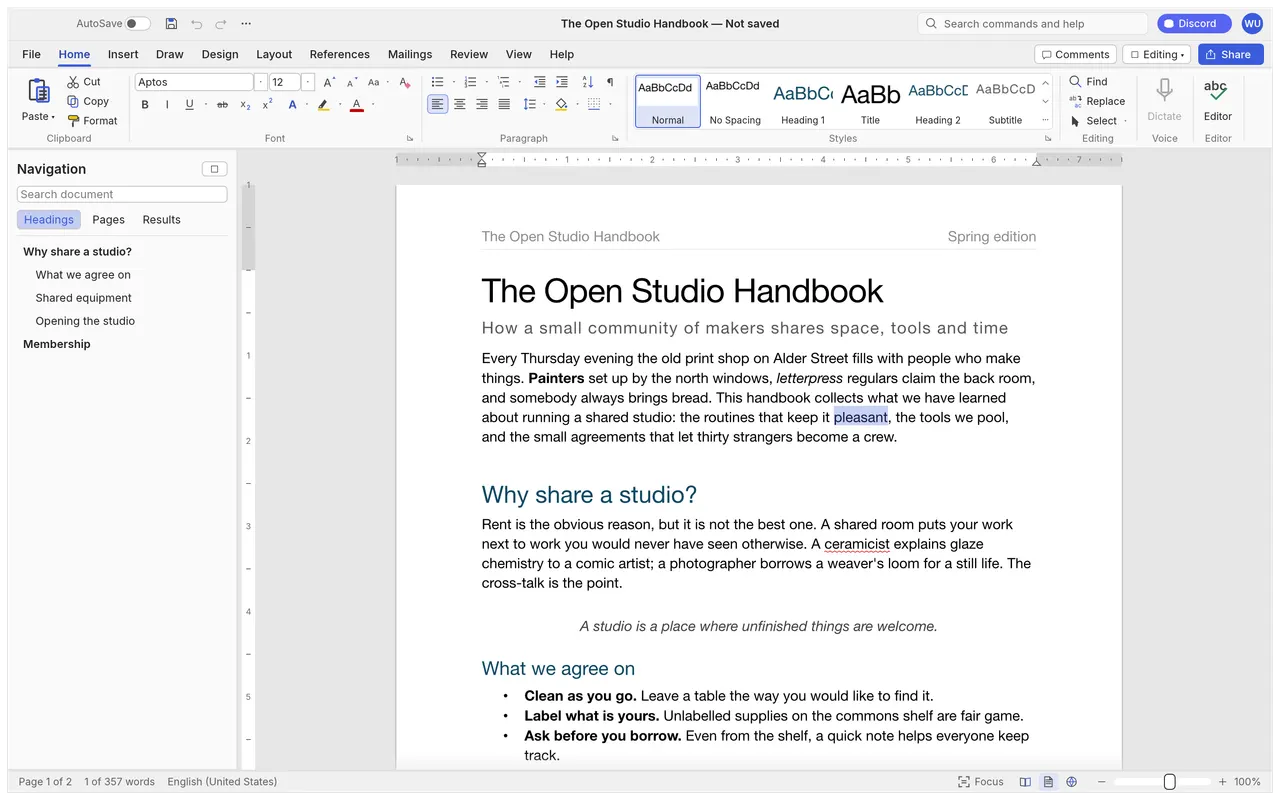The Open Studio Handbook sample with the Navigation pane