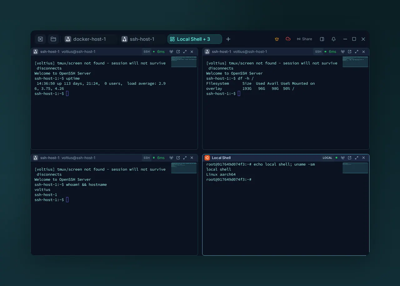 Split panes across several SSH sessions