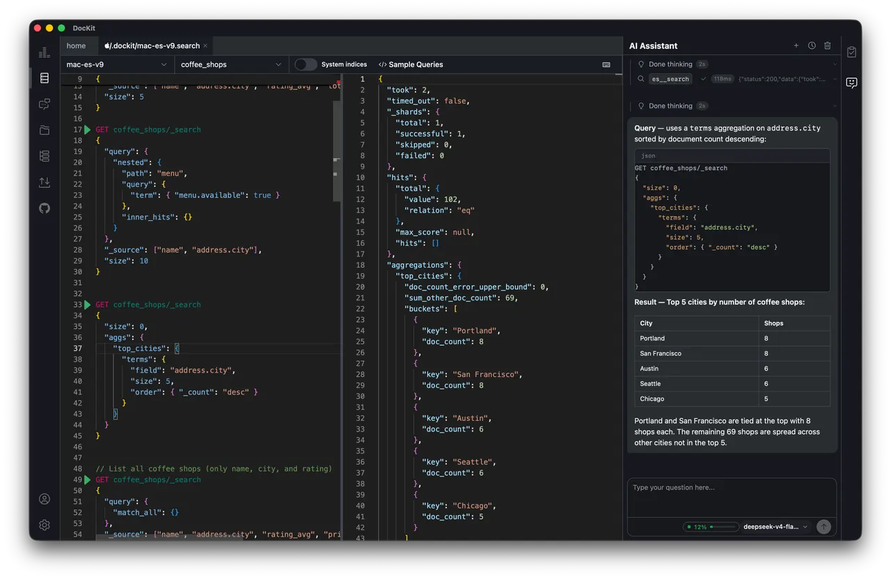 Running a query against a cluster in the DocKit workspace