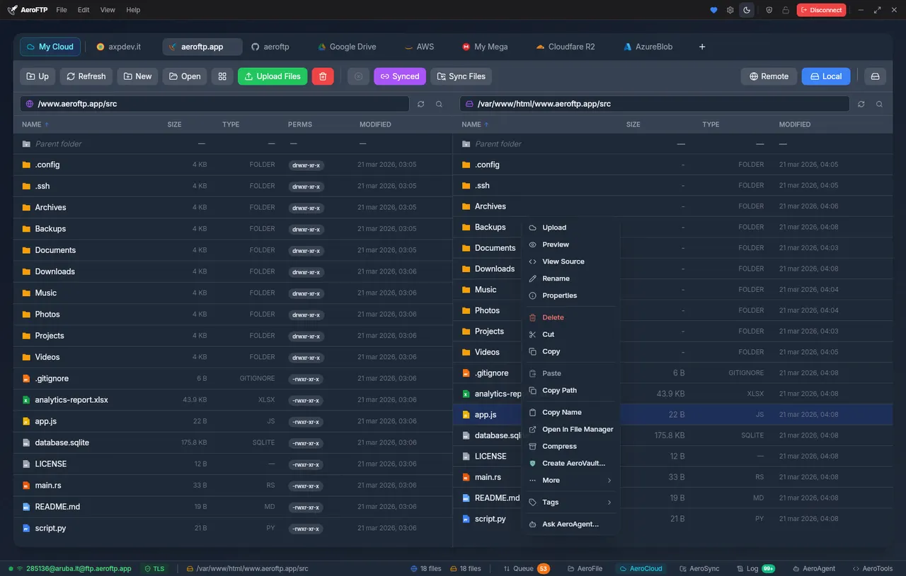 Dual-pane file manager with one tab per connection, local and remote side by side