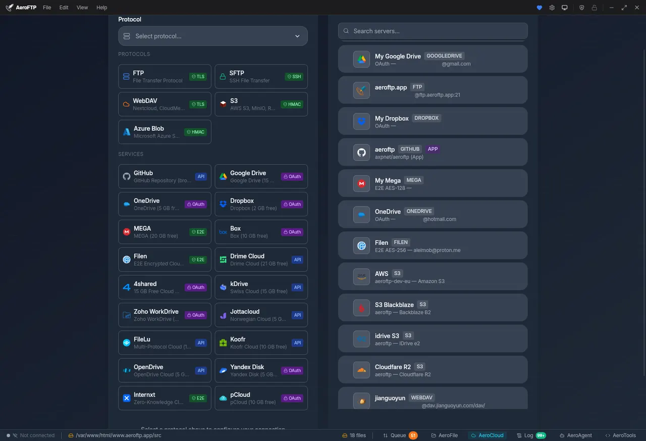 Connection screen: protocols and cloud services on the left, saved servers on the right