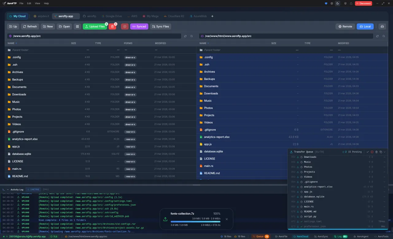 Transfer queue and activity log during an upload