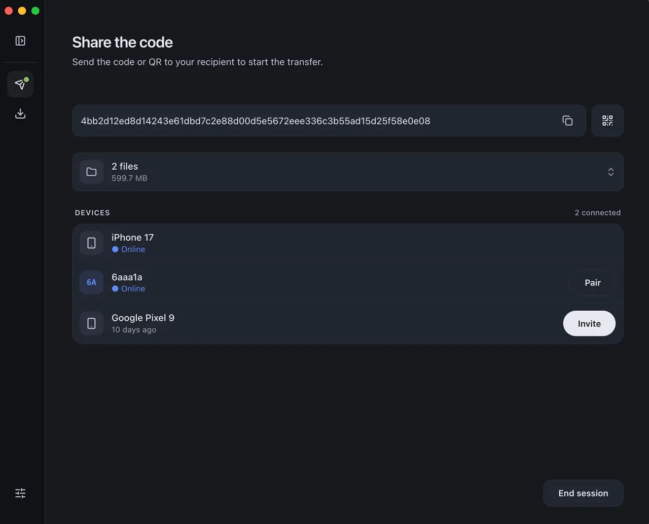 Sharing a transfer code with paired devices