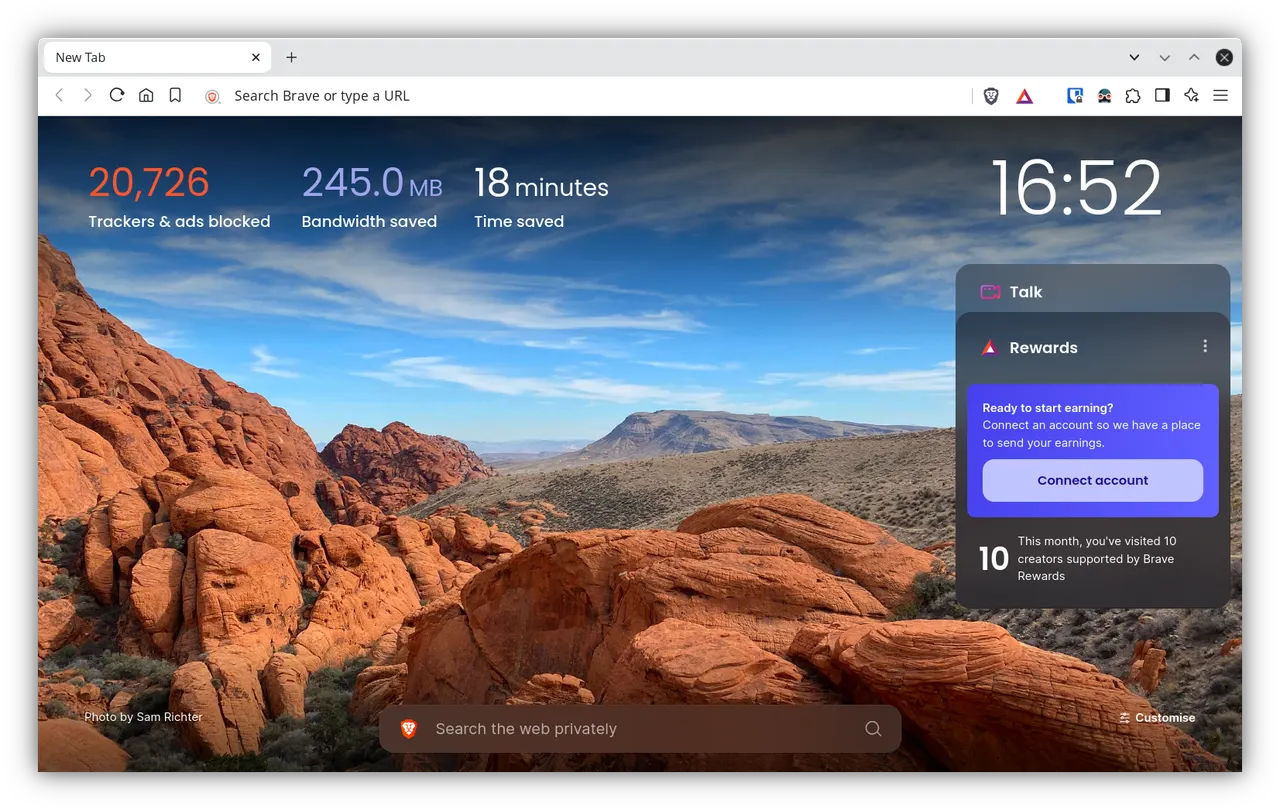 Brave Origin new tab page