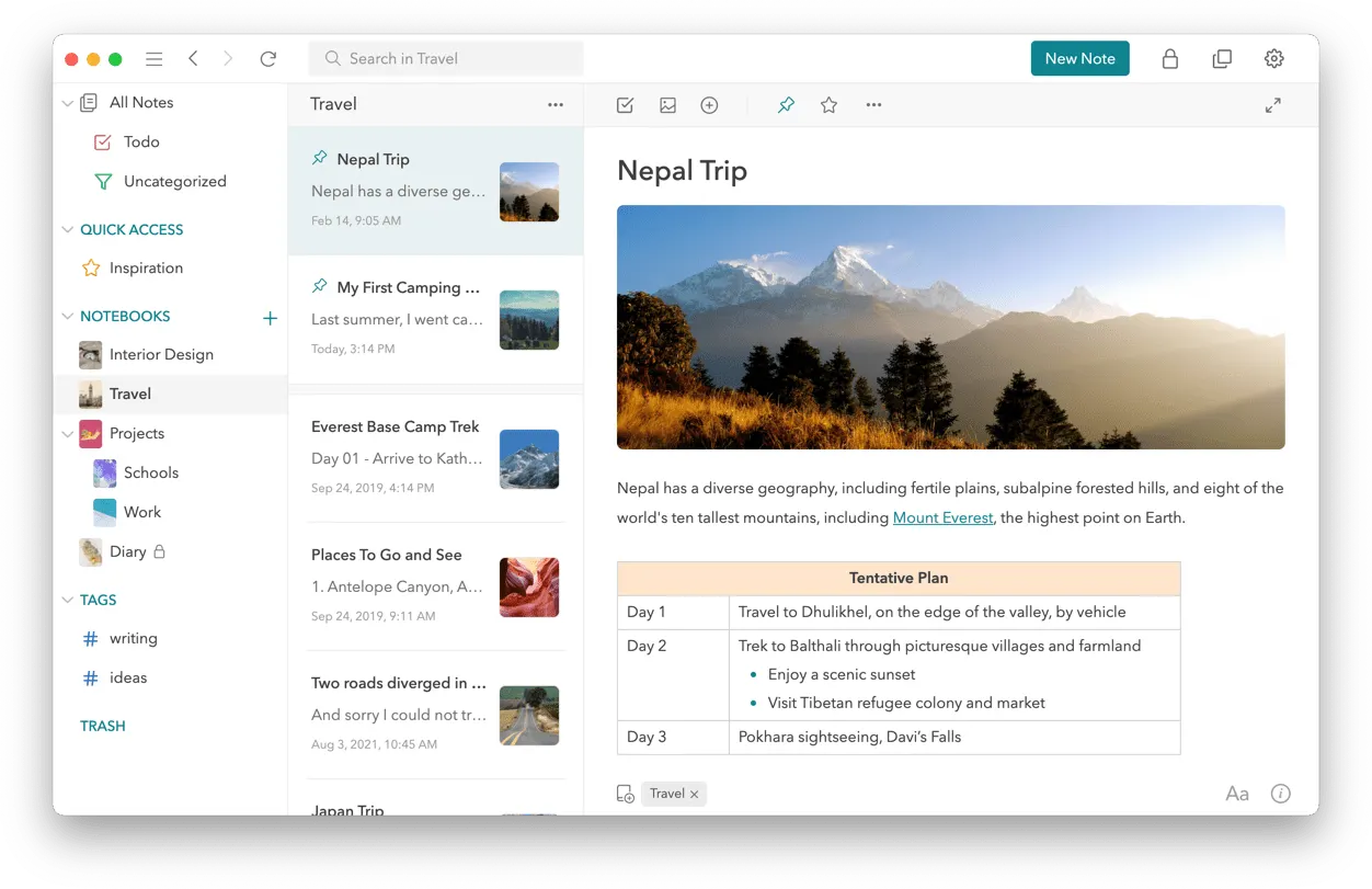 A note open next to the notebook sidebar