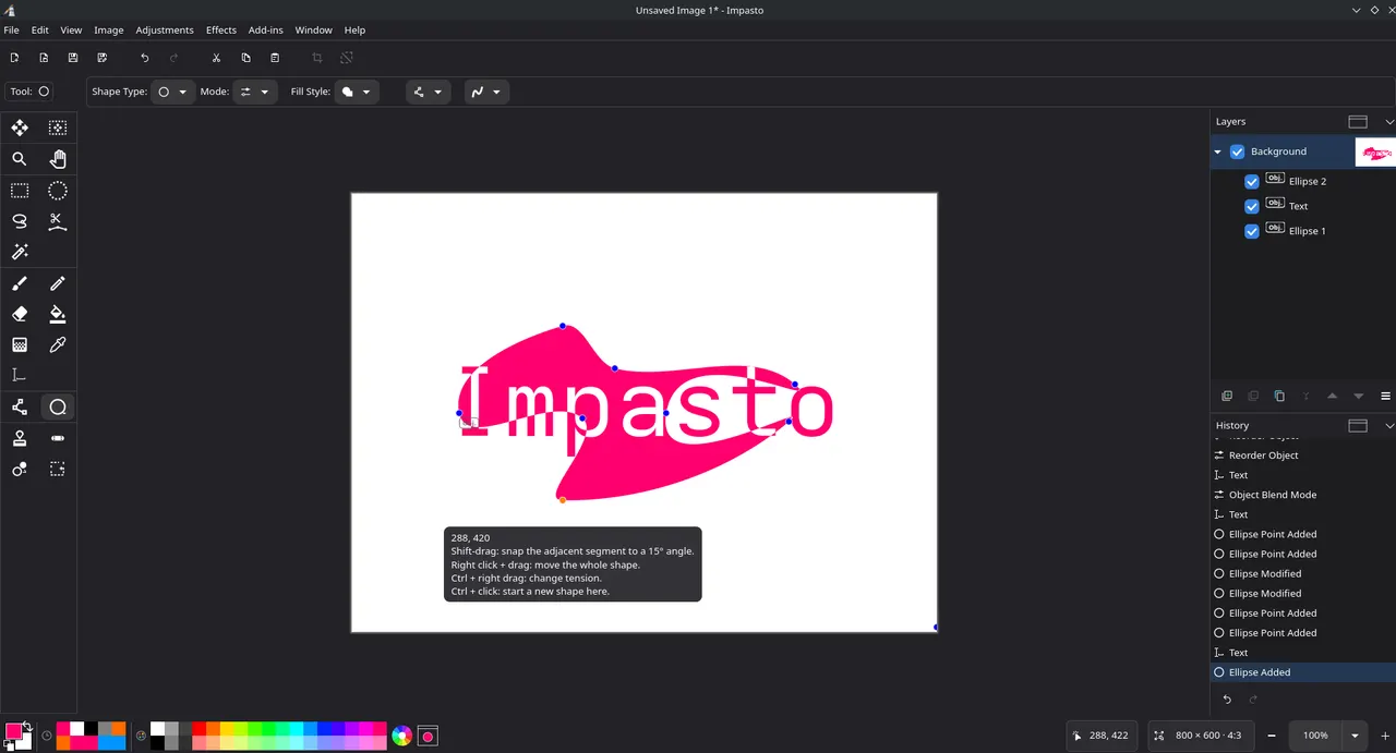 Shapes and text as editable objects, with per-object history