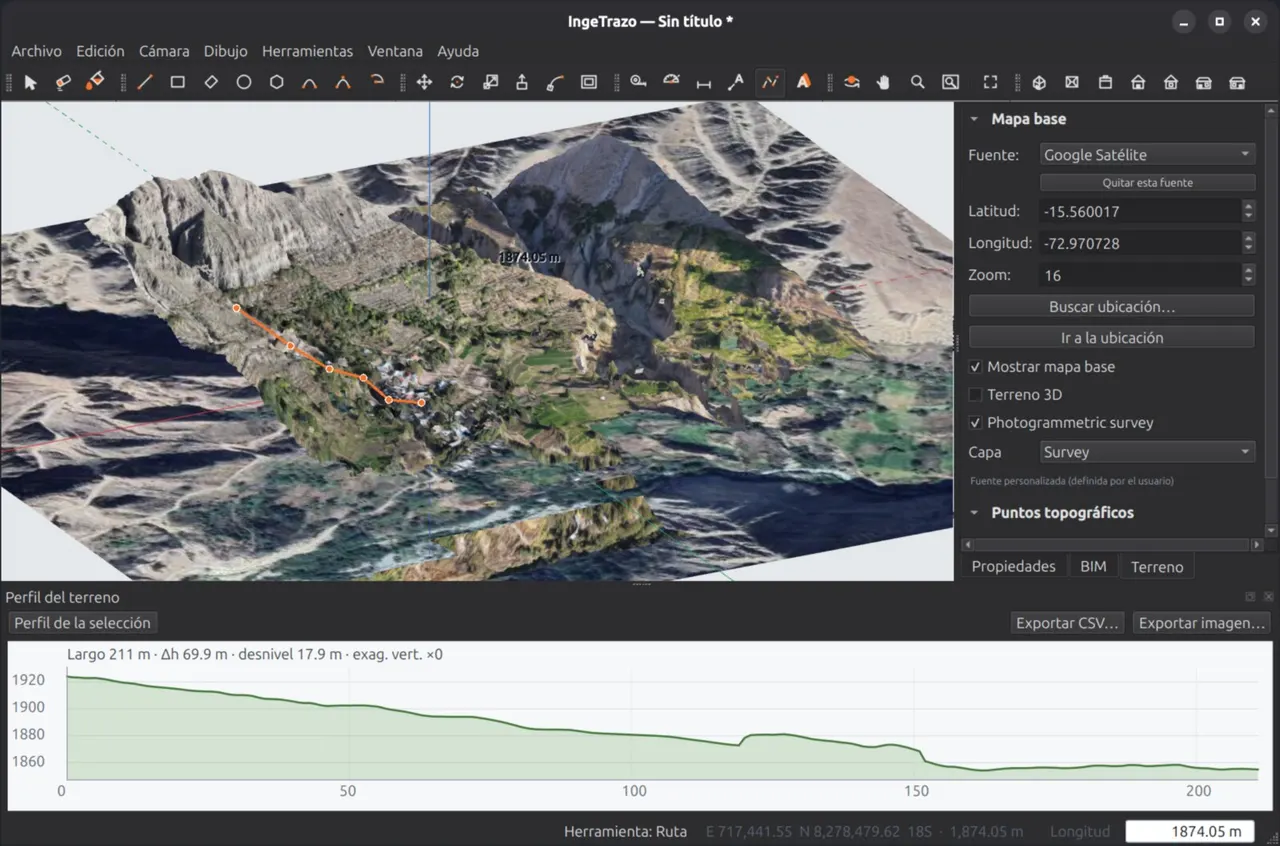 Real terrain: base-map tiles, 3D elevation and survey data