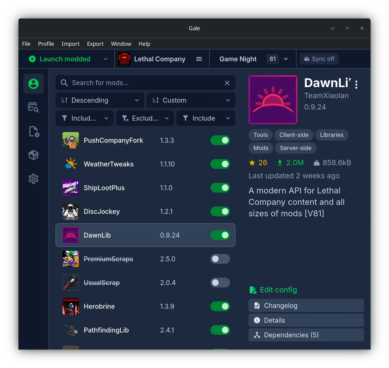 Browsing Thunderstore mods in a profile