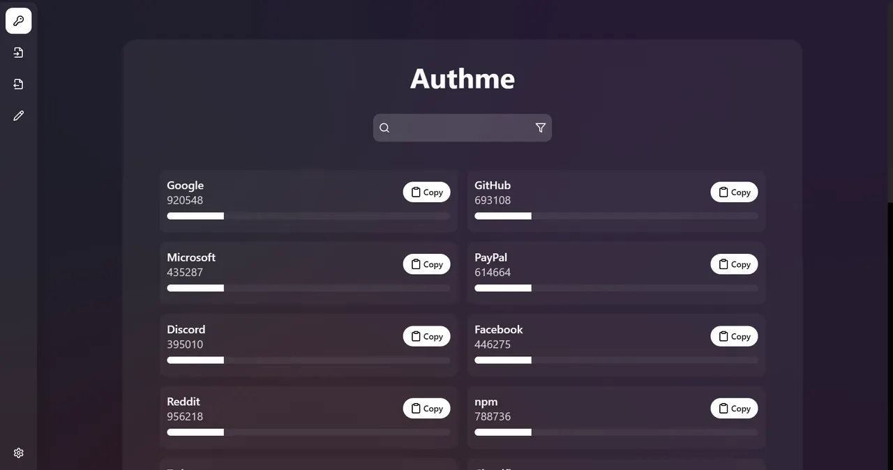 Authme displaying TOTP codes