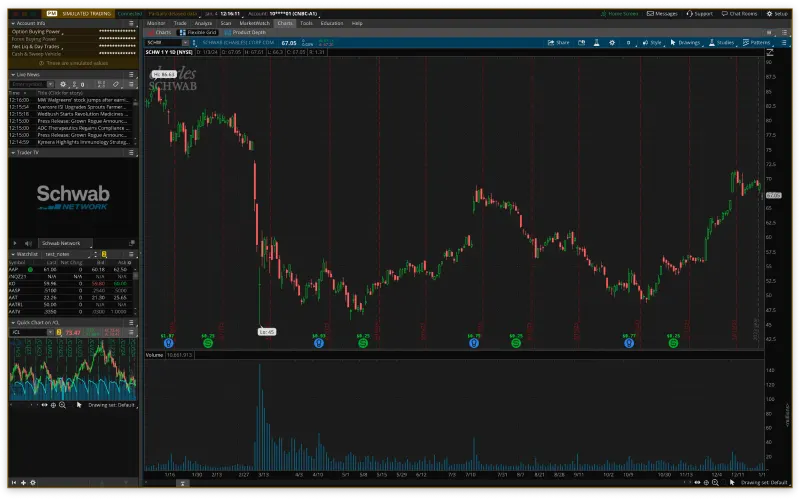 The thinkorswim desktop workspace with charts, watchlists, and trading tools