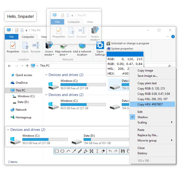 A pinned image window and its menu, with the on-screen colour picker