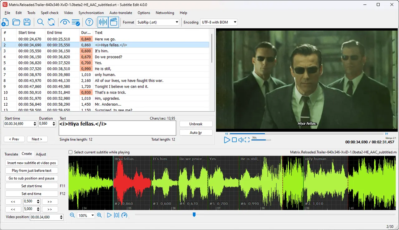 Subtitle list, video preview and waveform in one window