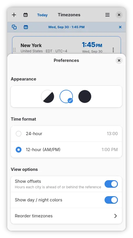 Appearance, time format and view options