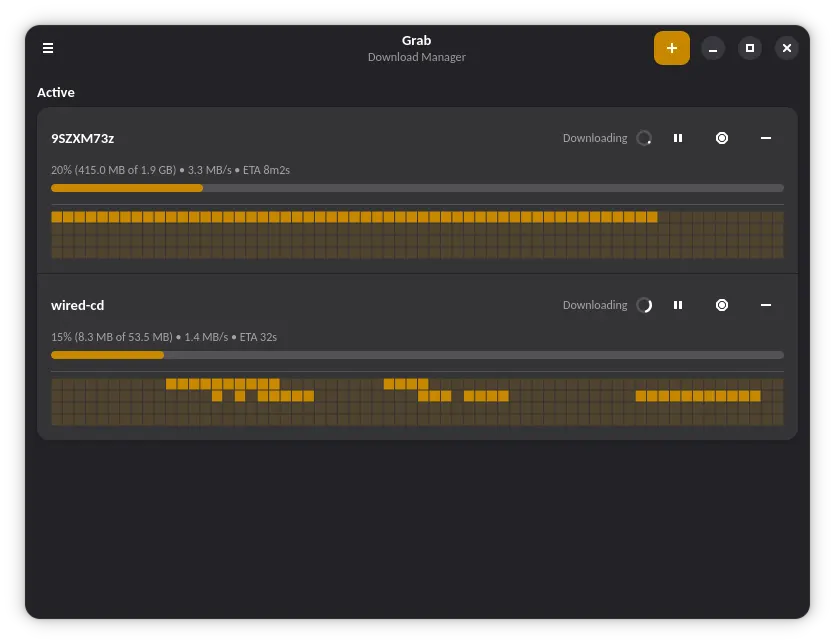 Active downloads with per-block progress maps