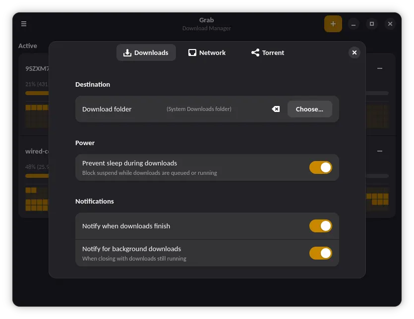 Preferences: destination, power and notifications