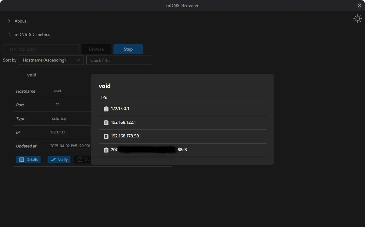 Instance details: address, port and TXT records