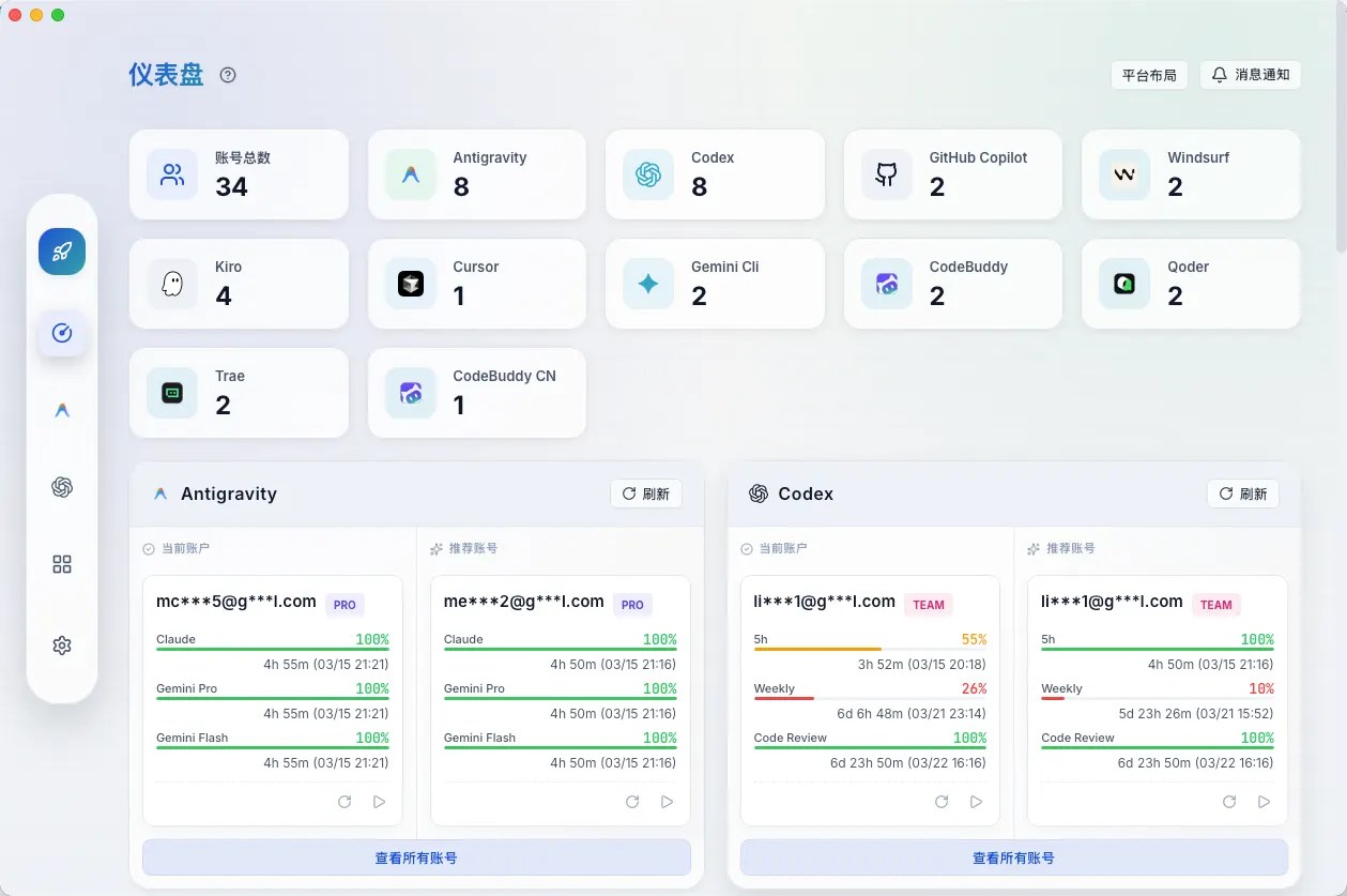 Dashboard with per-platform account and quota status