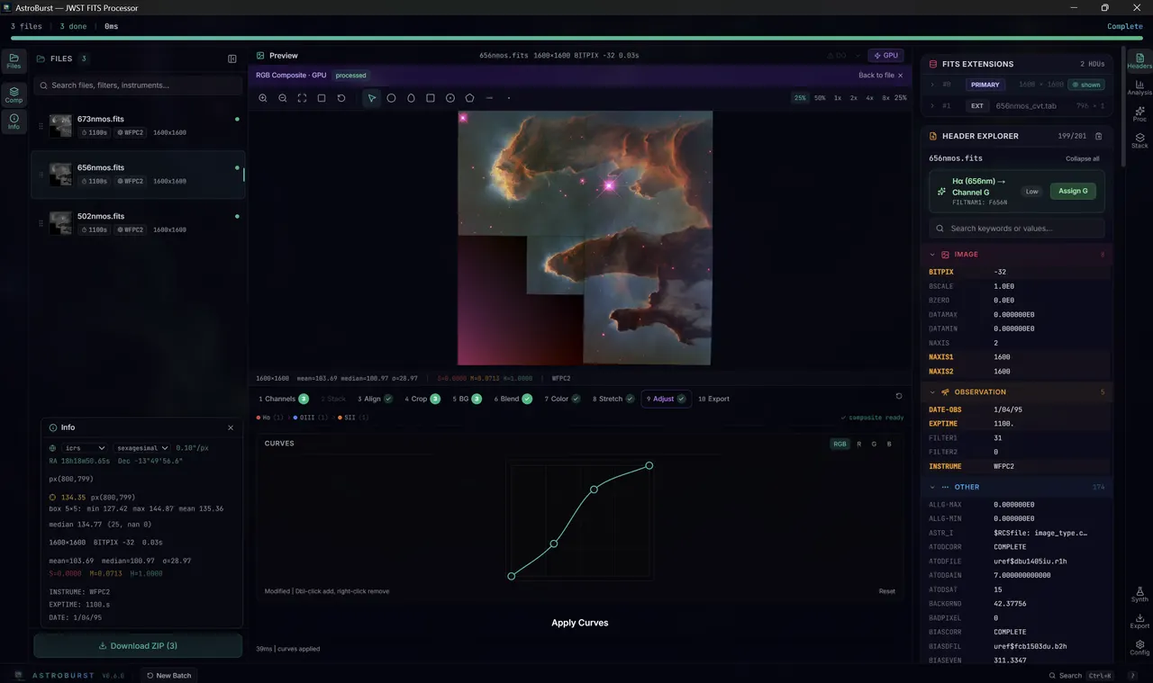 A Pillars of Creation composite with the tone curve, pixel readout and header explorer