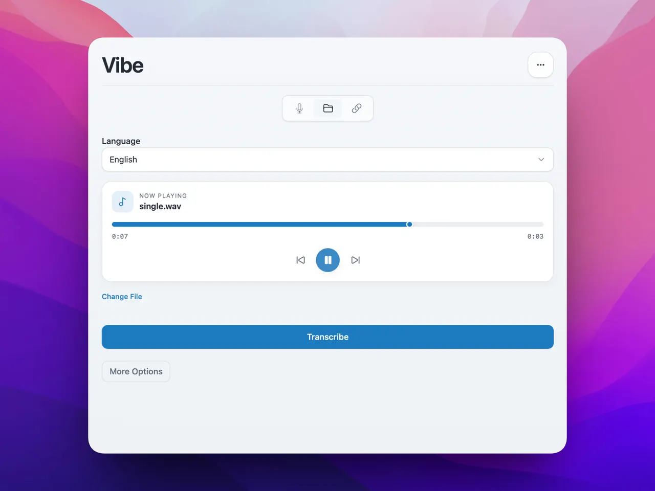 Transcribing a file in Vibe