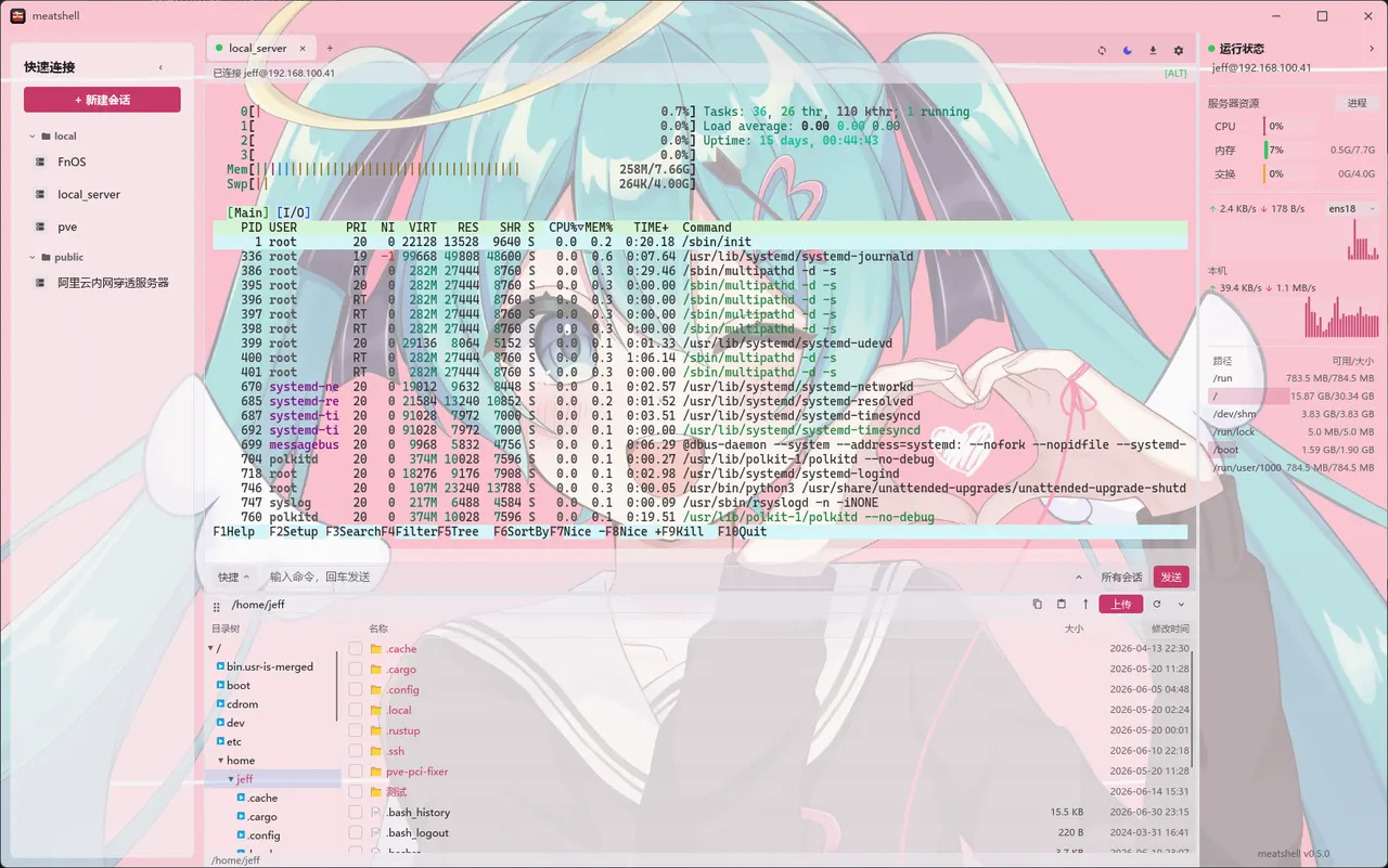 Tabbed terminal running btop, next to the SFTP browser and remote resource monitoring