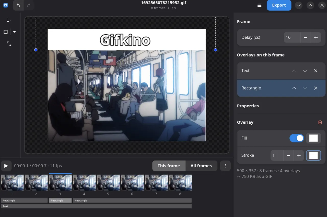 A GIF on the canvas with a text overlay, the frame strip below and the overlay properties beside it