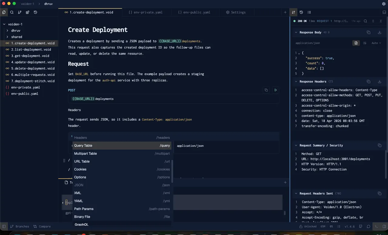 A Voiden workspace with requests, documentation and the response panel