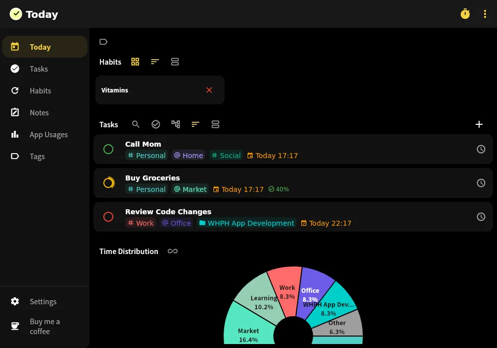 The Today page with tasks, habits and app usage