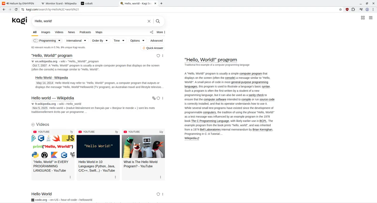 Kagi search results showing web pages and videos