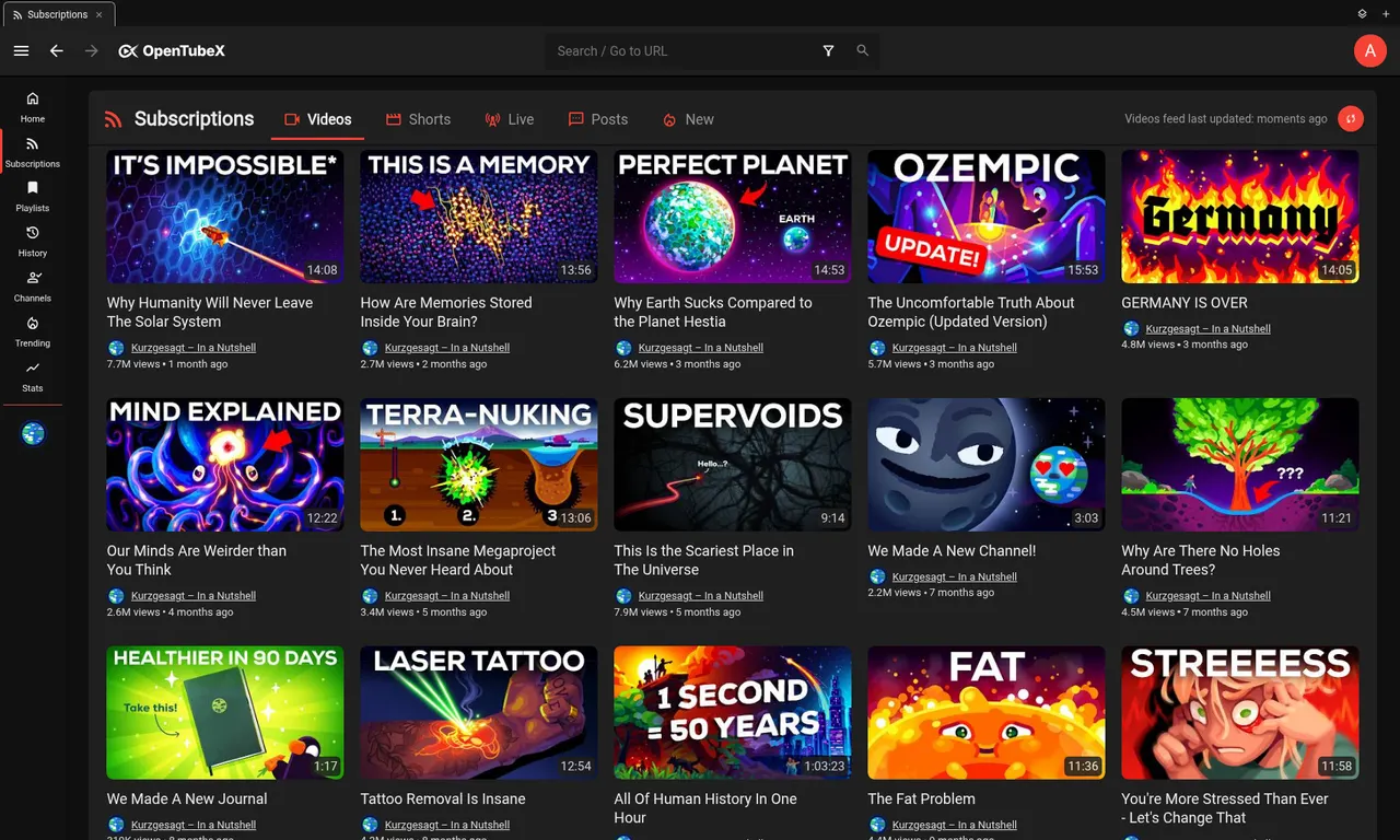 The main OpenTubeX window (dark theme)