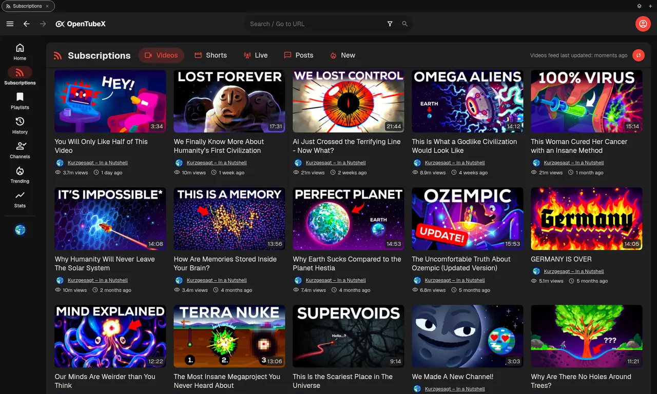 The main OpenTubeX window (dark theme)