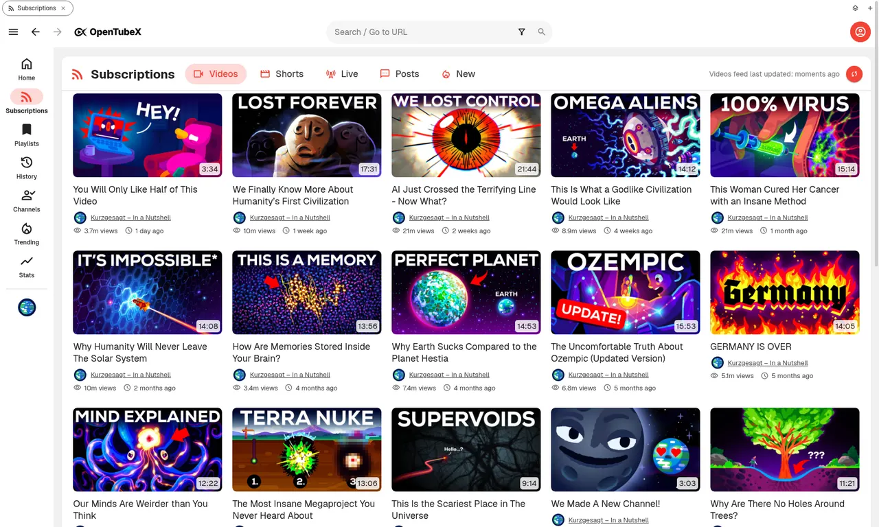The main OpenTubeX window (light theme)