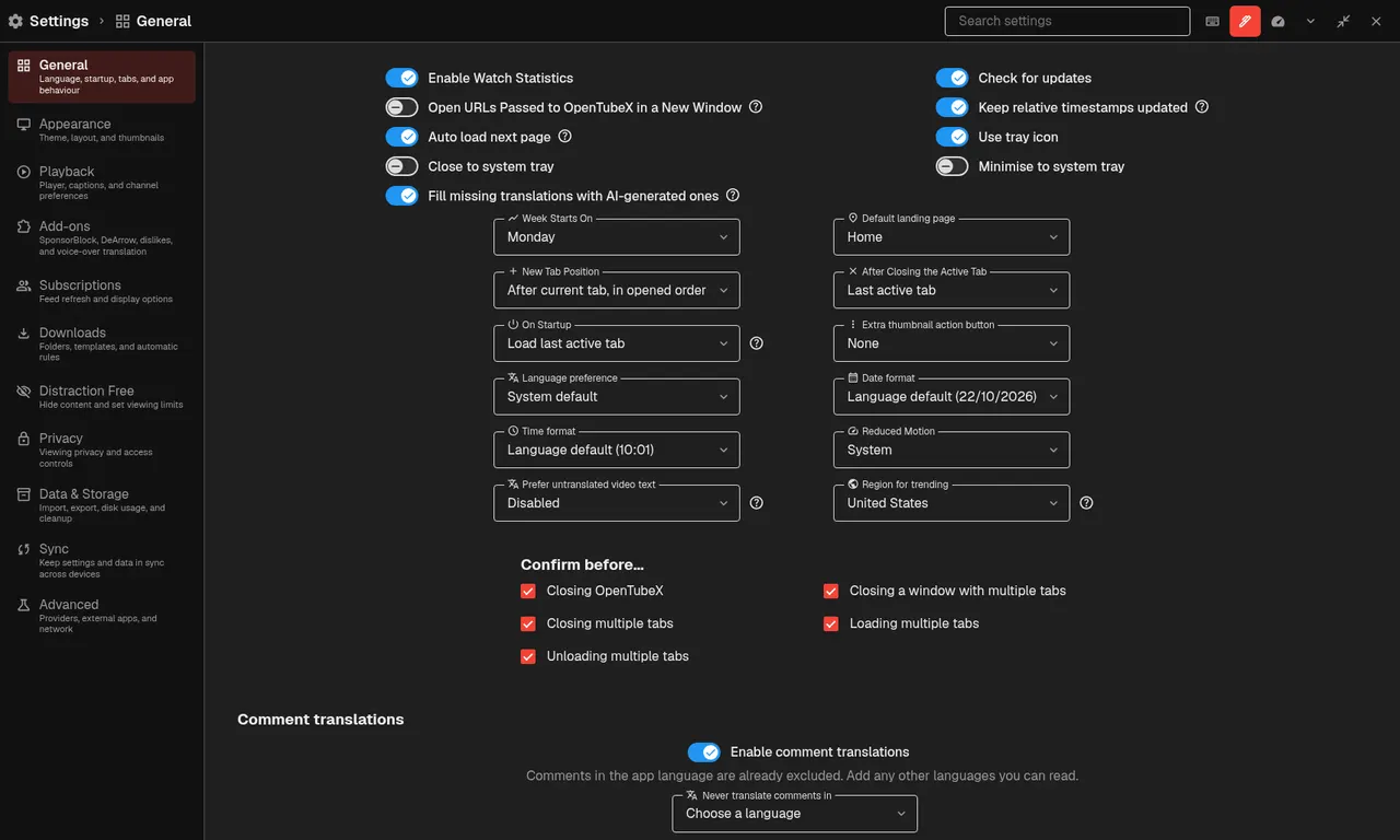 Settings (dark theme)