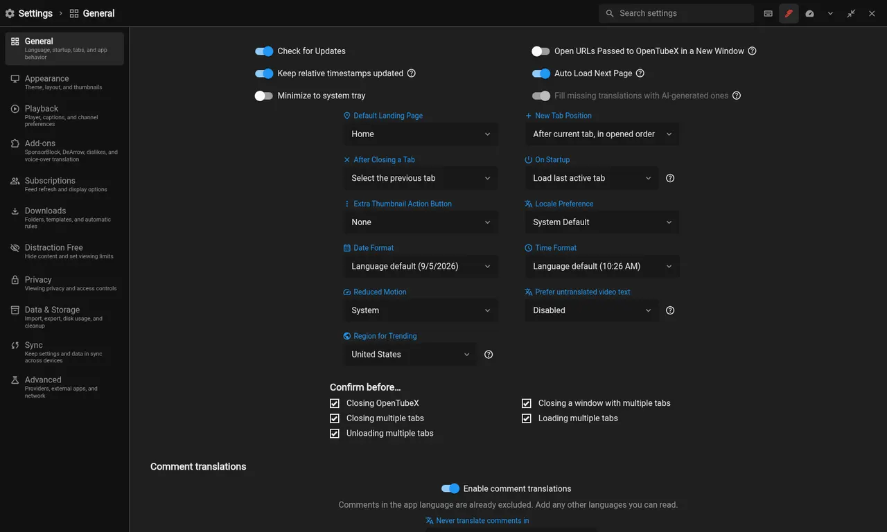 Settings (dark theme)
