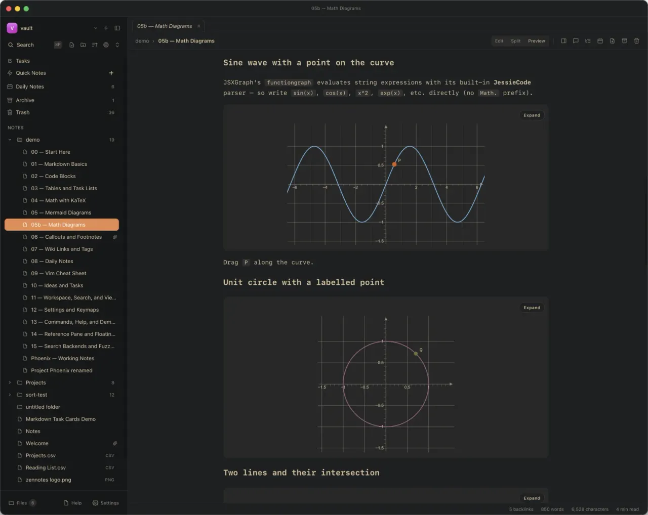 Editing a Markdown note with rendered math diagrams
