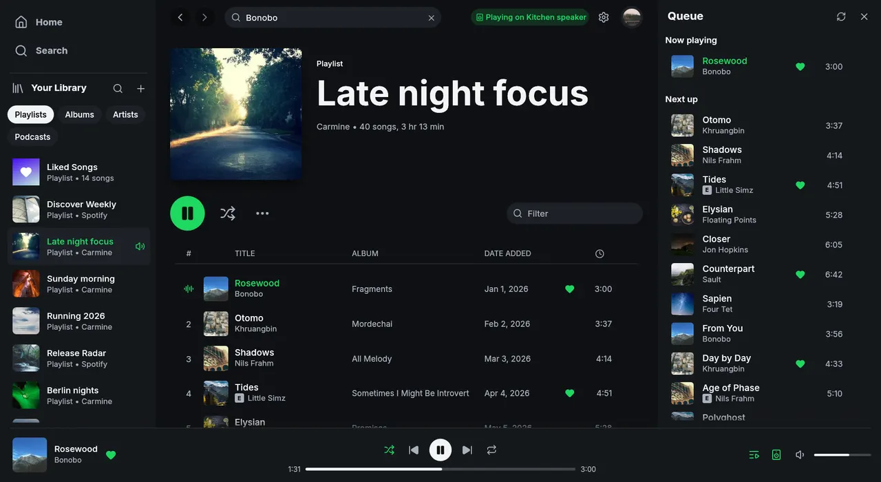 Fastpotify showing a playlist, with the queue open and a track playing on a remote speaker