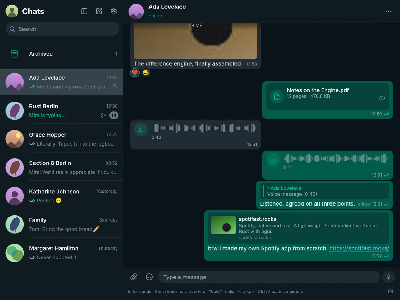A conversation with a photo, a document, a voice message, a quoted reply and a link preview
