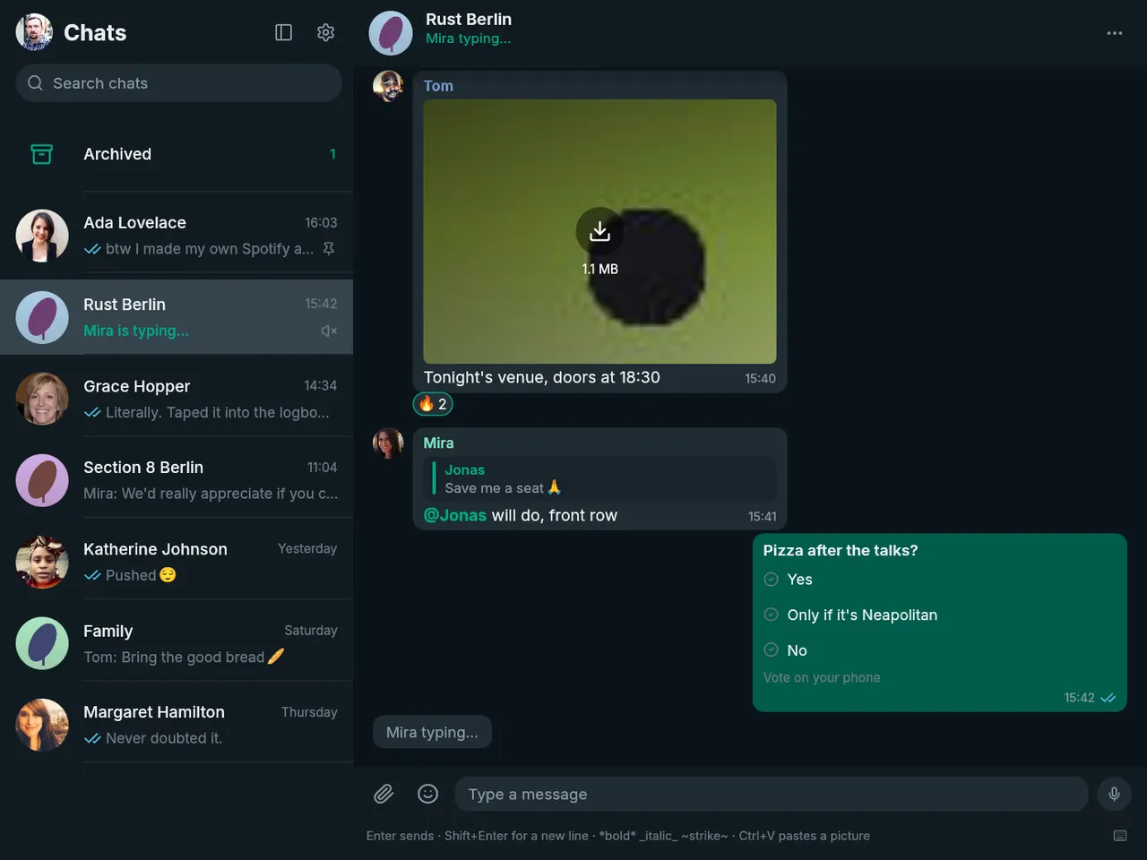 A group chat with sender names and pictures, reactions, a mention and a poll