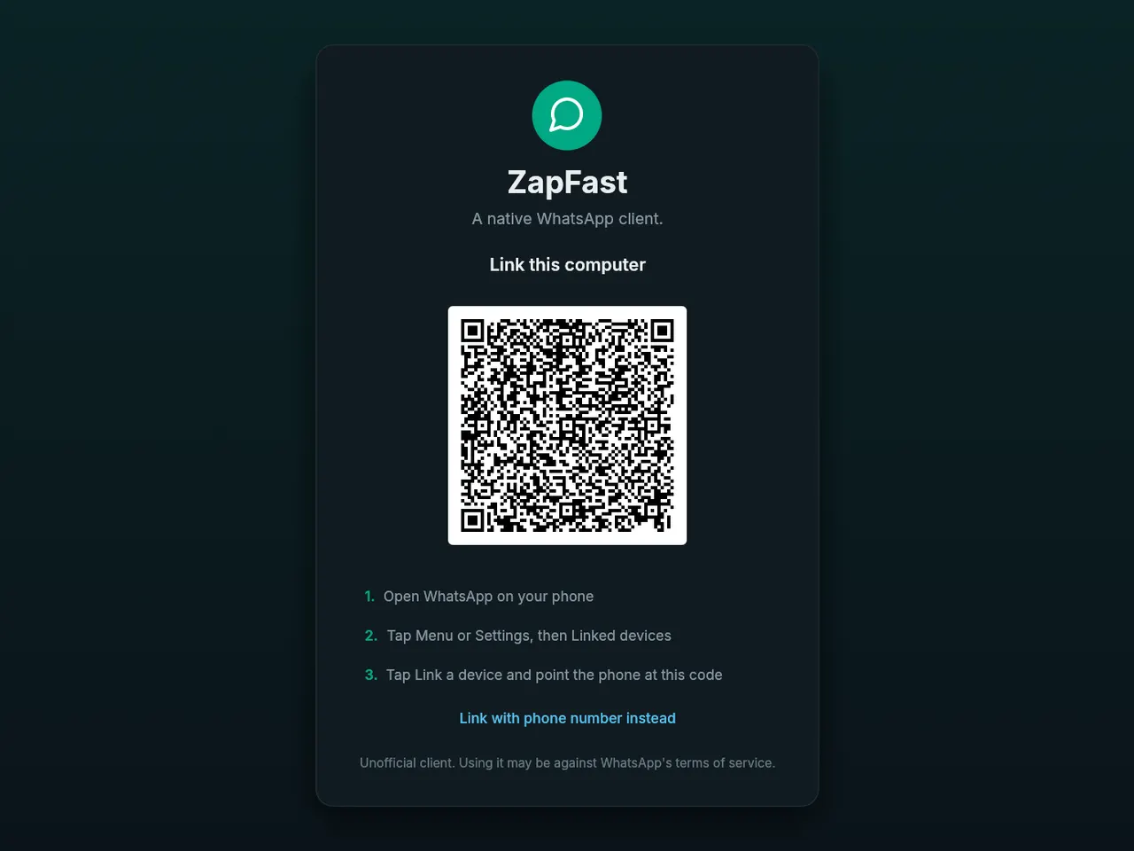 The linking screen with the QR code to scan from your phone