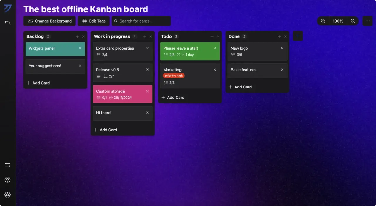 Kanri Kanban board with columns, cards, tags and due dates